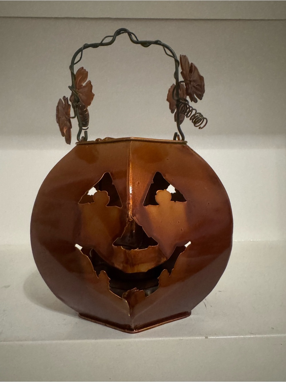 Vintage 3-Sided Metal Jack-O'-Lantern Pumpkin Candle Holder